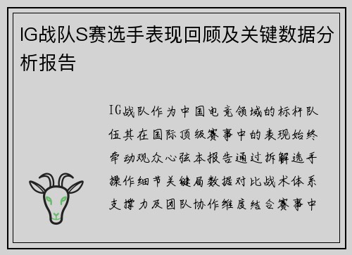 IG战队S赛选手表现回顾及关键数据分析报告